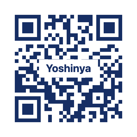 A QR code in navy with the word Yoshinya across the middle